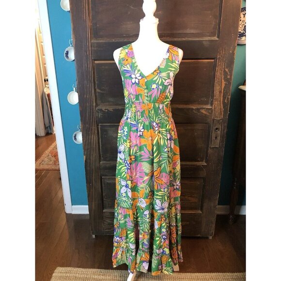 Easel Size S Dress Tropical Floral Sleeveless Flowy V Neck Long Maxi Green - Picture 3 of 11